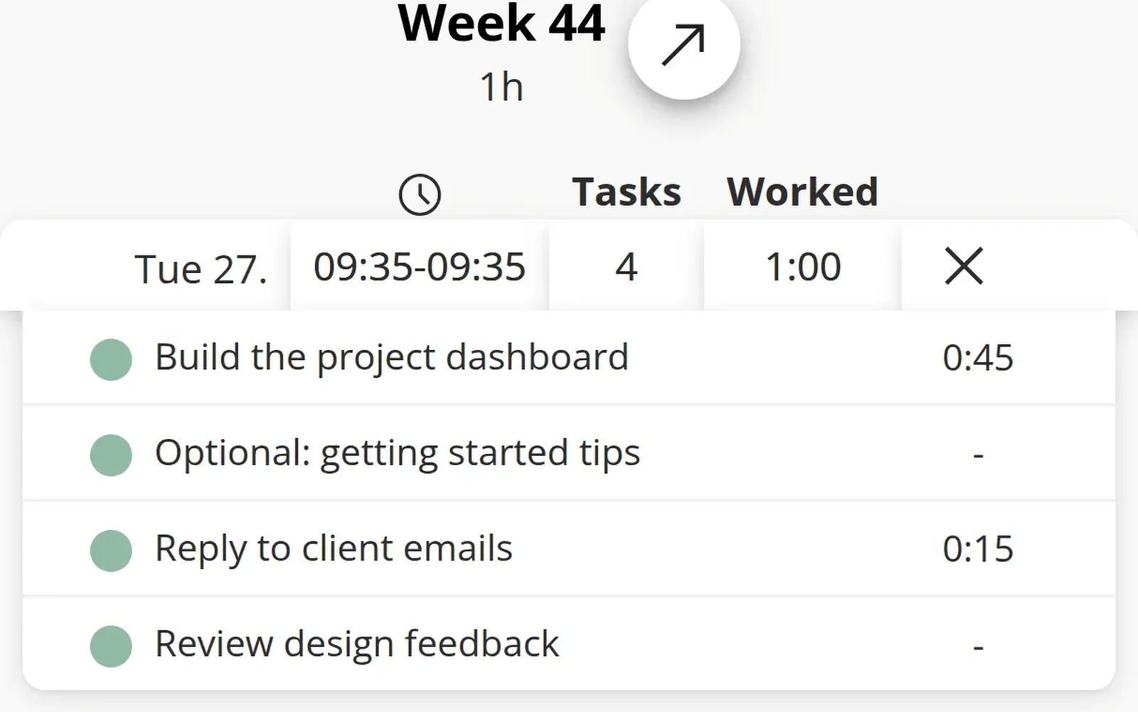 History 화면, 작업별 기록 시간과 하루 합계 (출처: Super Productivity 공식)