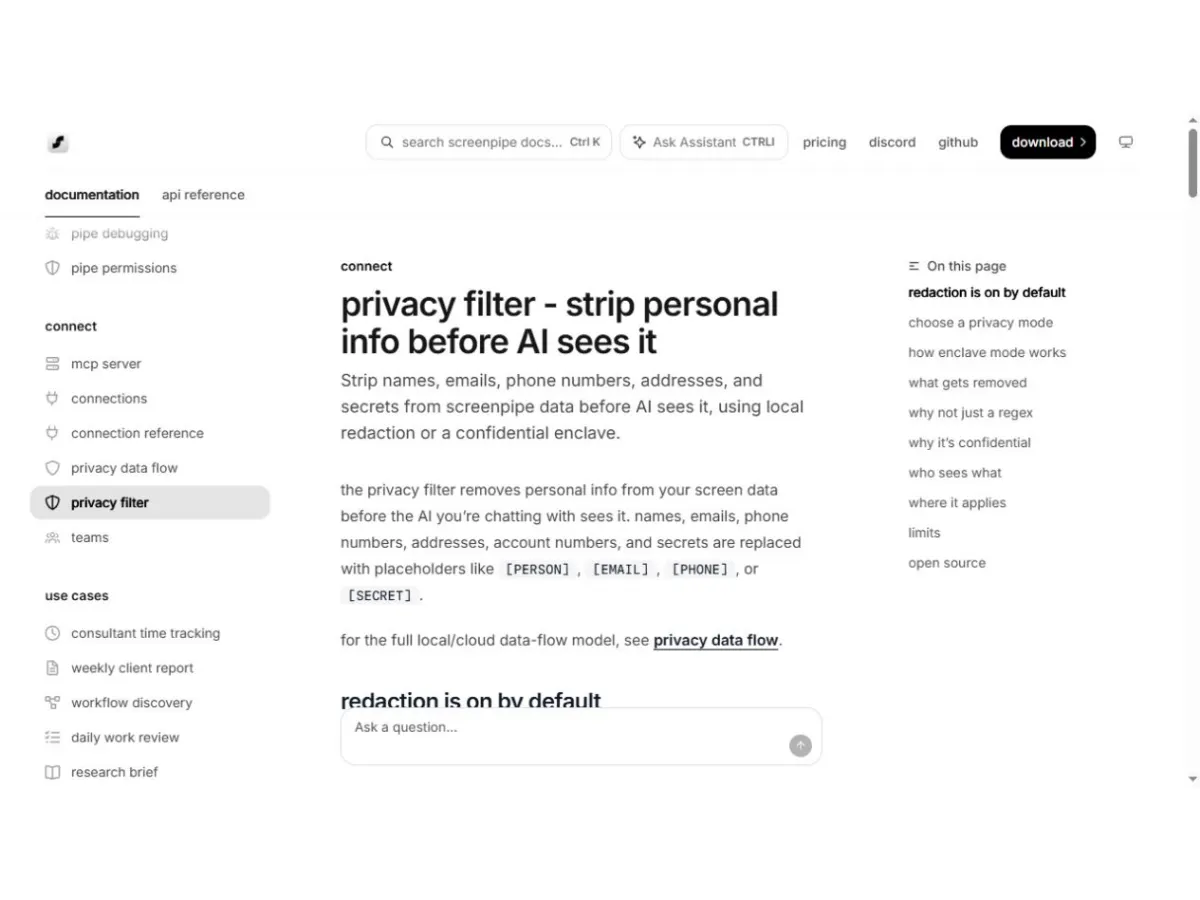 Screenpipe 공식 개인정보 필터 도움말 캡처