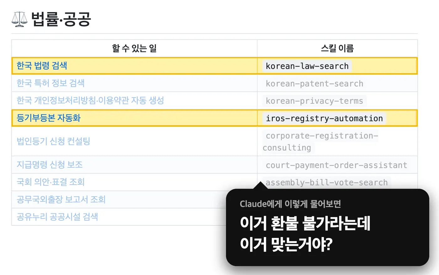 법률 분야 스킬 목록과 질문 예시