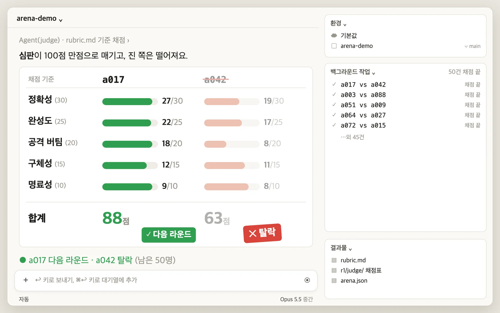 심판 채점: 100점 만점, 진 쪽은 탈락 (설명용 그림)